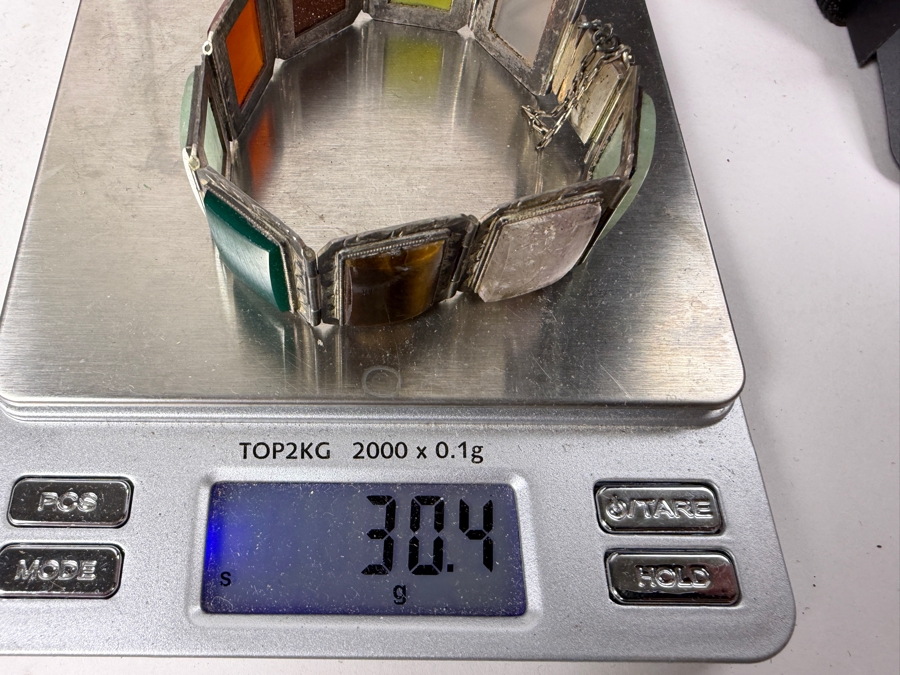 Vintage Mid Century Mexican Sterling Silver Multi Gemstone Hinged Panel Bracelet 2.5'W 30.4g [Photo 9]