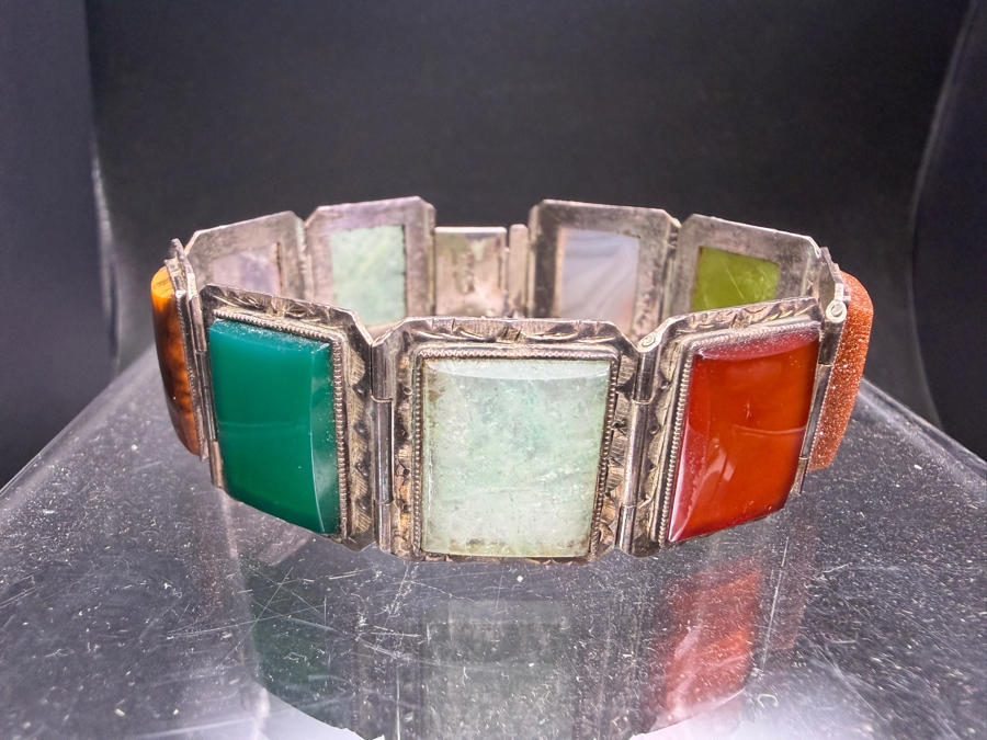 Vintage Mid Century Mexican Sterling Silver Multi Gemstone Hinged Panel Bracelet 2.5'W 30.4g [Photo 2]