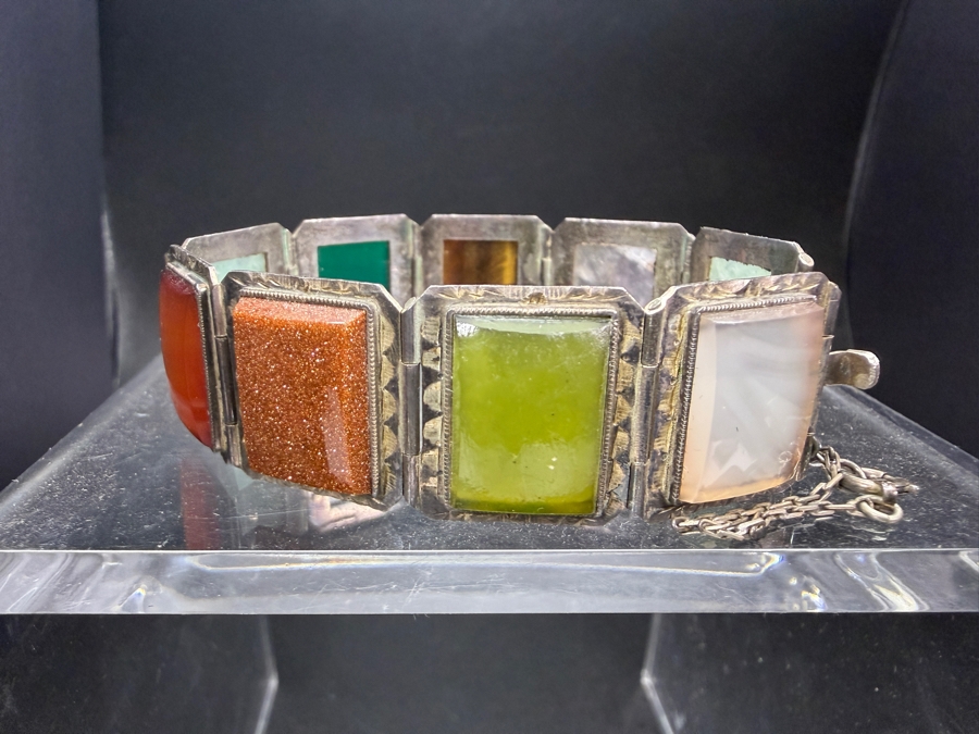 Vintage Mid Century Mexican Sterling Silver Multi Gemstone Hinged Panel Bracelet 2.5'W 30.4g [Photo 6]
