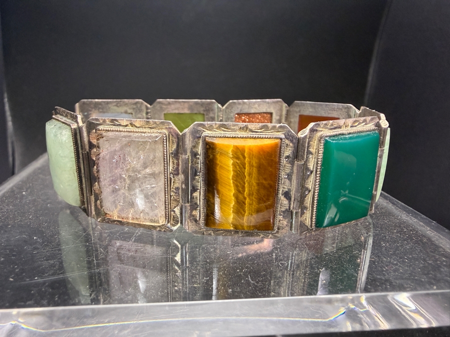 Vintage Mid Century Mexican Sterling Silver Multi Gemstone Hinged Panel Bracelet 2.5'W 30.4g [Photo 4]