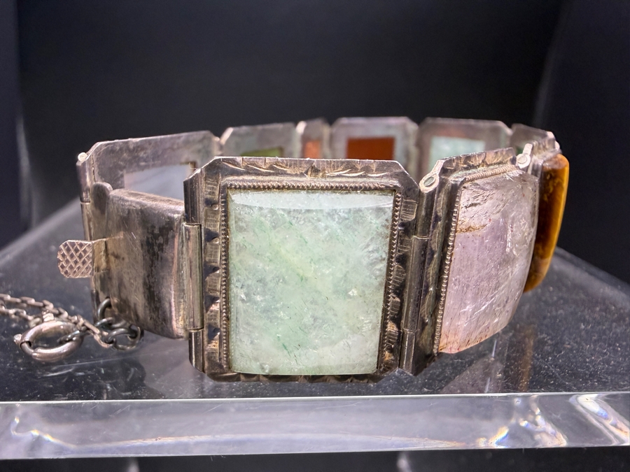 Vintage Mid Century Mexican Sterling Silver Multi Gemstone Hinged Panel Bracelet 2.5'W 30.4g [Photo 5]