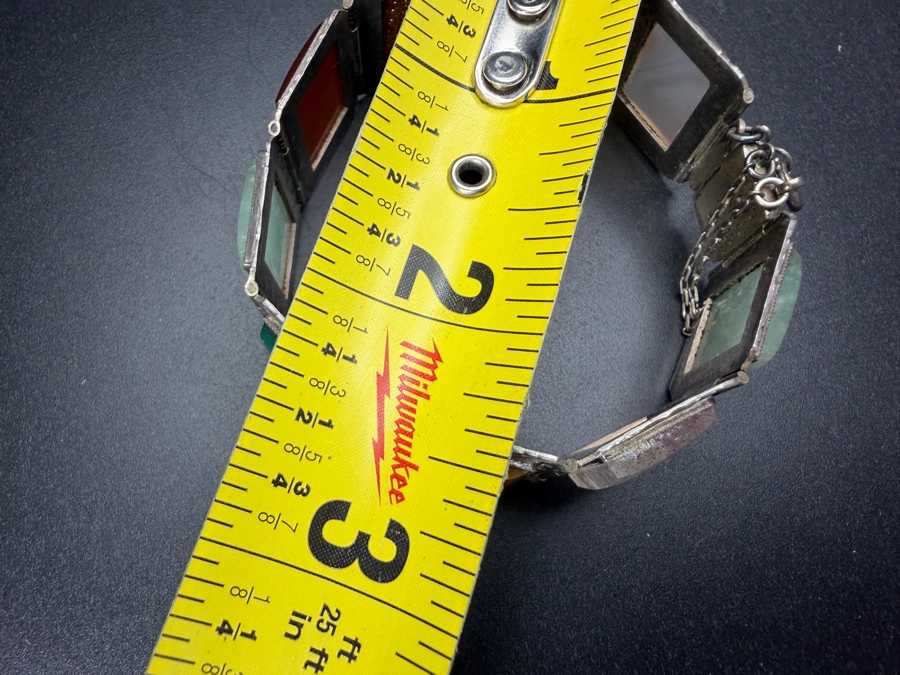 Vintage Mid Century Mexican Sterling Silver Multi Gemstone Hinged Panel Bracelet 2.5'W 30.4g [Photo 8]