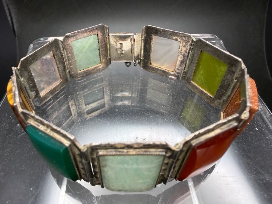 Vintage Mid Century Mexican Sterling Silver Multi Gemstone Hinged Panel Bracelet 2.5'W 30.4g [Photo 3]