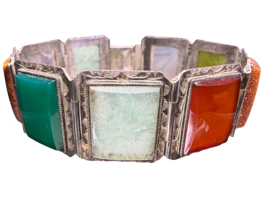 Vintage Mid Century Mexican Sterling Silver Multi Gemstone Hinged Panel Bracelet 2.5'W 30.4g