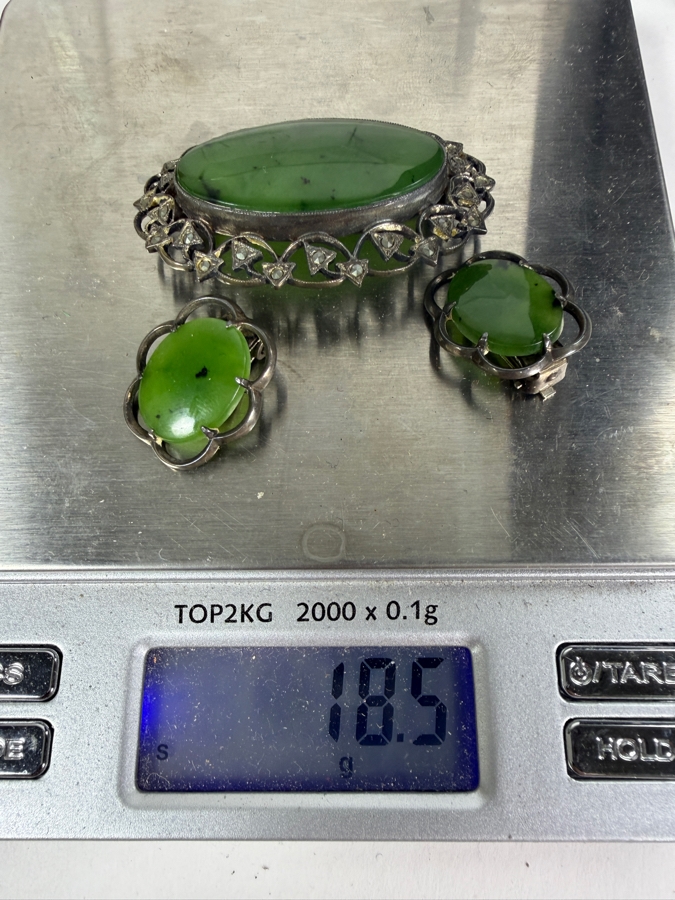 Vintage Sterling Silver Oval Nephrite Jade And Marcasite Brooch With Matching Clip On Earrings Set 18.5g [Photo 7]
