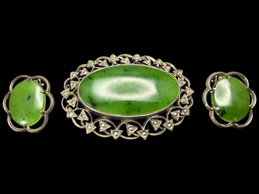 Vintage Sterling Silver Oval Nephrite Jade And Marcasite Brooch With Matching Clip On Earrings Set 18.5g