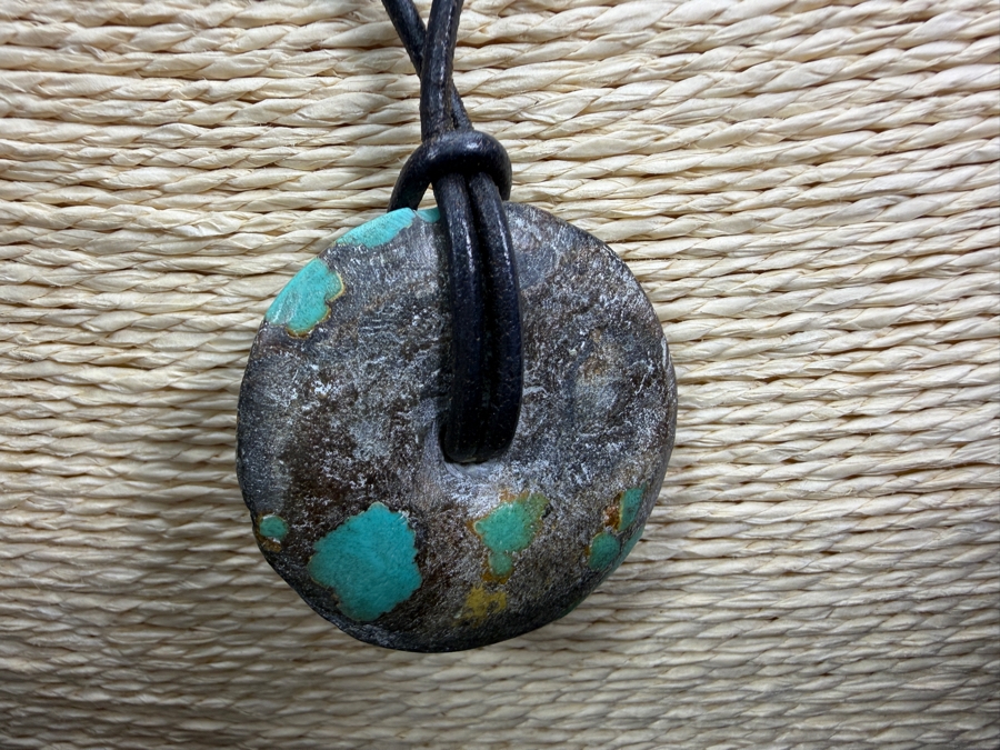Vintage Southwestern Style Turquoise Nugget Bead Cord Necklace With Large Boulder Turquoise Bi Disc Pendant 24'L [Photo 3]