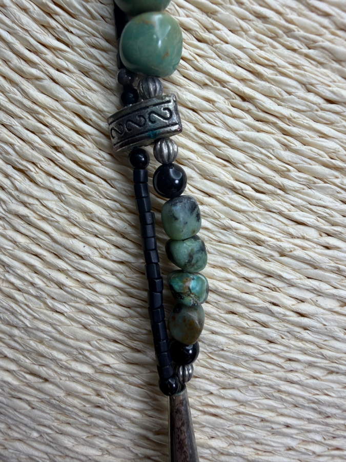 Vintage Southwestern Style Turquoise Nugget Bead Cord Necklace With Large Boulder Turquoise Bi Disc Pendant 24'L [Photo 4]