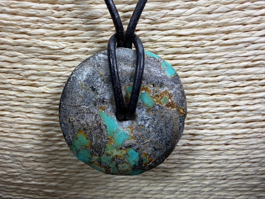 Vintage Southwestern Style Turquoise Nugget Bead Cord Necklace With Large Boulder Turquoise Bi Disc Pendant 24'L [Photo 2]