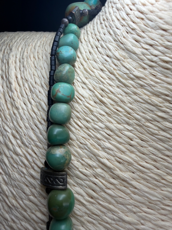 Vintage Southwestern Style Turquoise Nugget Bead Cord Necklace With Large Boulder Turquoise Bi Disc Pendant 24'L [Photo 6]
