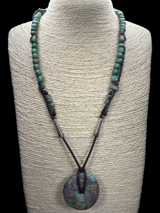 Vintage Southwestern Style Turquoise Nugget Bead Cord Necklace With Large Boulder Turquoise Bi Disc Pendant 24'L