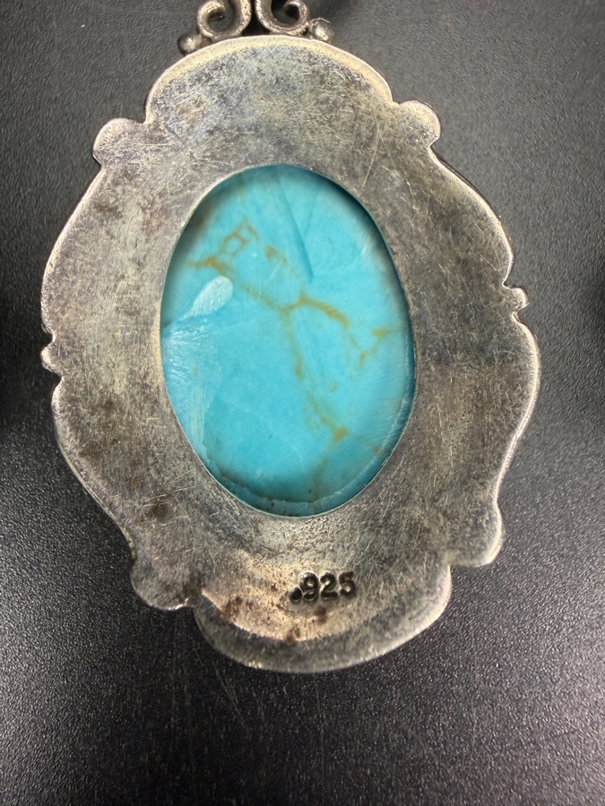 Vintage Sterling Silver Oval Turquoise Pendant with Mid Century Mexican Ribbed Wing Clip On Earrings Set 41.8g [Photo 5]