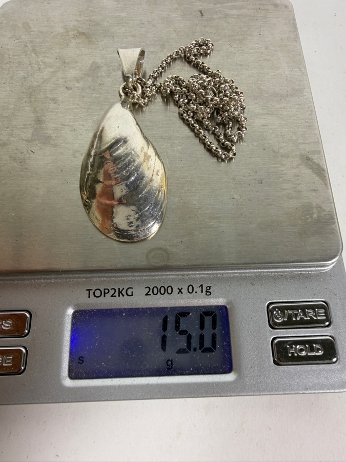 Vintage Sterling Silver Heavy Rope Chain Necklace And Mussel Shell Pendant Combo 18'L 27.2g [Photo 9]