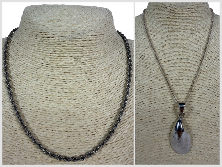 Vintage Sterling Silver Heavy Rope Chain Necklace And Mussel Shell Pendant Combo 18'L 27.2g
