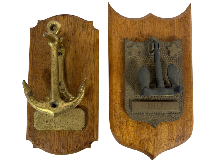 Pair Of Vintage US Navy Custom Military Brass Anchor Presentation Plaques Inscribed Kelly And Fulton 11'H