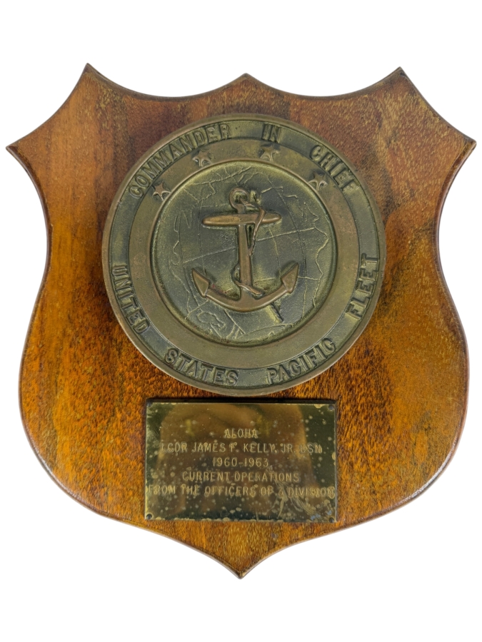 Vintage CINCPACFLT Commander In Chief US Pacific Fleet Brass Presentation Plaque To LCDR James F Kelly Jr USN Dated 1960 To 1963 10.5 X 12