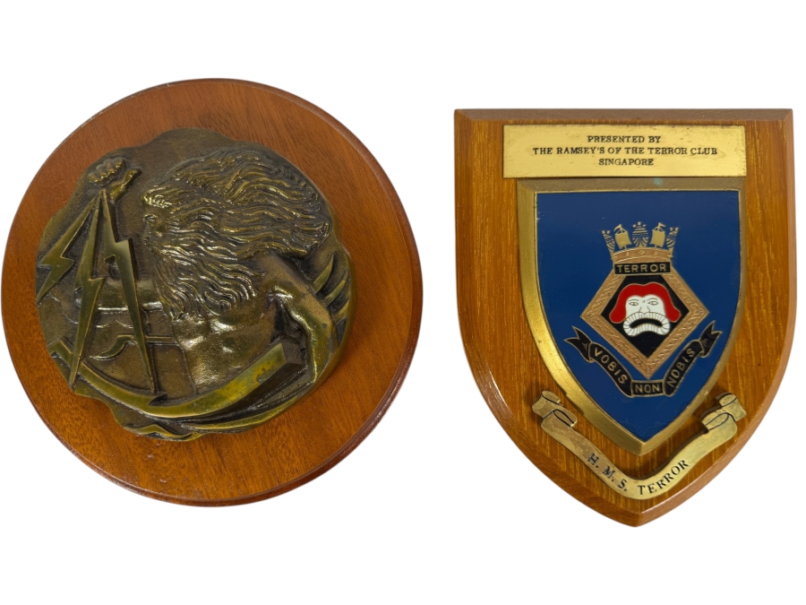 Pair Of Vintage British Royal Navy HMS Terror Singapore Club Presentational And Poseidon Wooden Wall Plaques 7'W And 6'W X 7'H