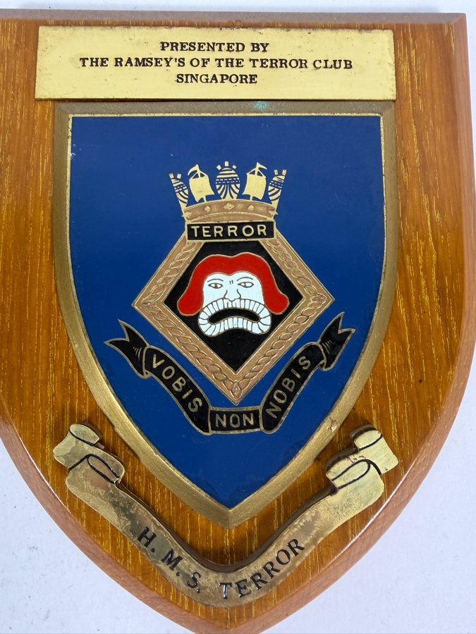 Pair Of Vintage British Royal Navy HMS Terror Singapore Club Presentational And Poseidon Wooden Wall Plaques 7'W And 6'W X 7'H [Photo 3]