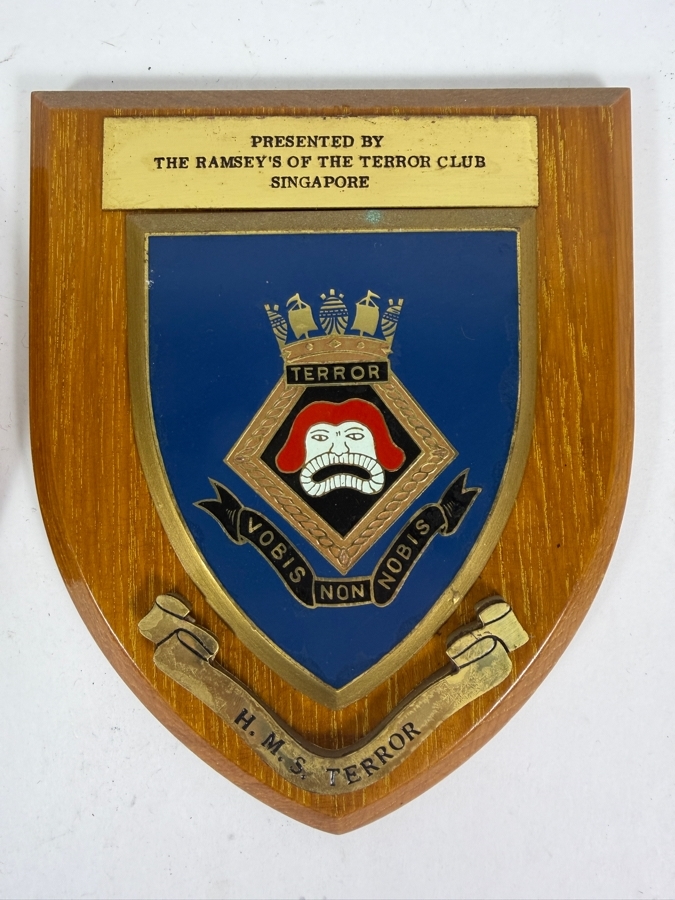 Pair Of Vintage British Royal Navy HMS Terror Singapore Club Presentational And Poseidon Wooden Wall Plaques 7'W And 6'W X 7'H [Photo 2]
