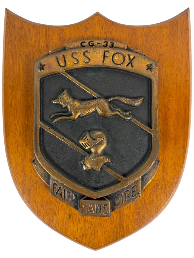 Vintage USS Fox CG33 Guided Missile Cruiser Bronze Commemorative Shield Plaque From The Captain James F Kelly Jr Collection 10 X 12