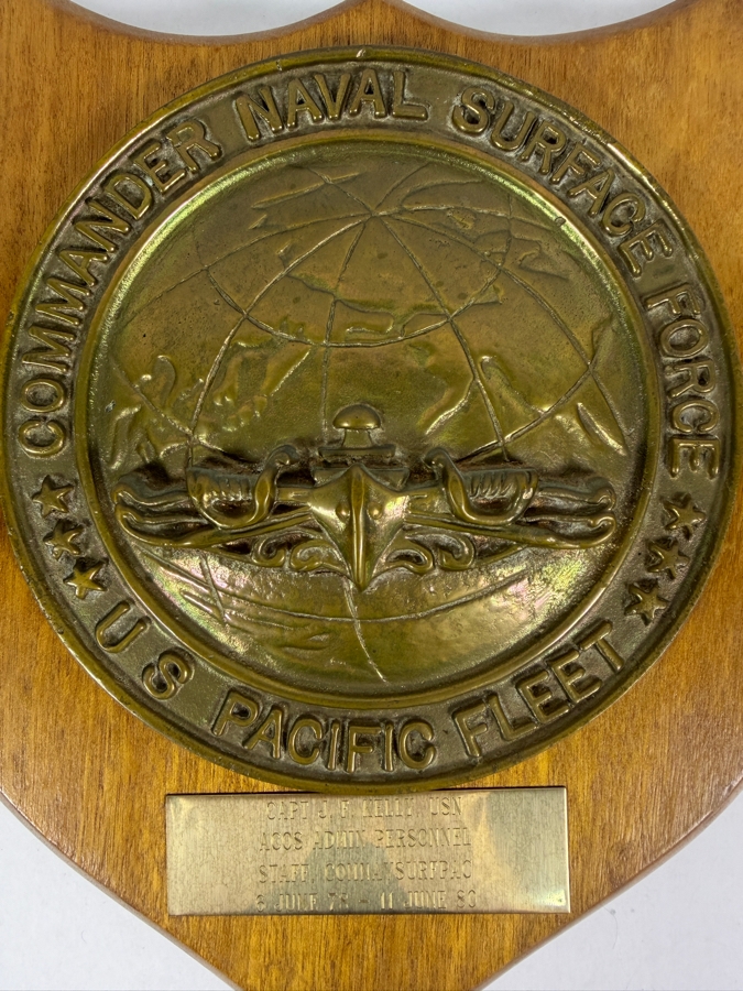 Vintage Commander Naval Surface Force US Pacific Fleet Brass Presentation Plaque To Capt J F Kelly USN Dated 1979 To 1980 10 X 12 [Photo 2]