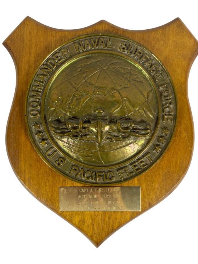 Vintage Commander Naval Surface Force US Pacific Fleet Brass Presentation Plaque To Capt J F Kelly USN Dated 1979 To 1980 10 X 12