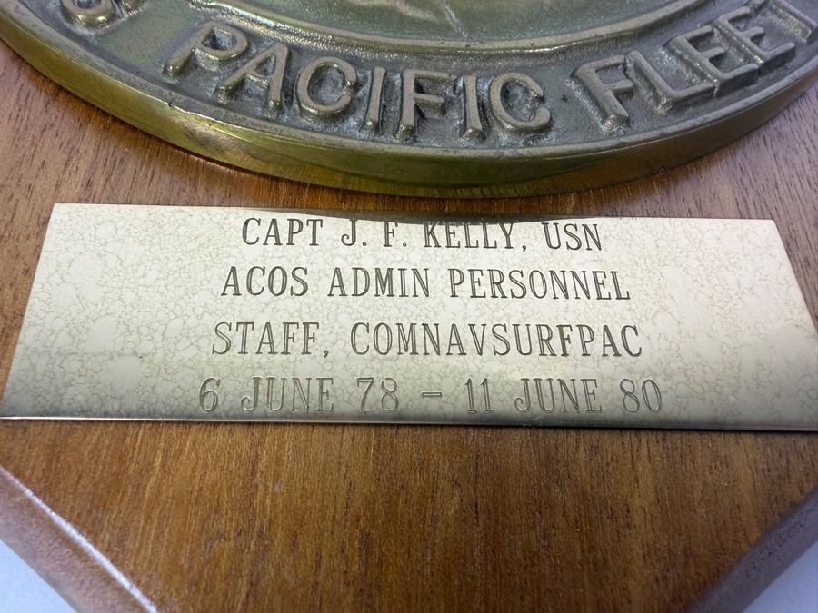 Vintage Commander Naval Surface Force US Pacific Fleet Brass Presentation Plaque To Capt J F Kelly USN Dated 1979 To 1980 10 X 12 [Photo 3]