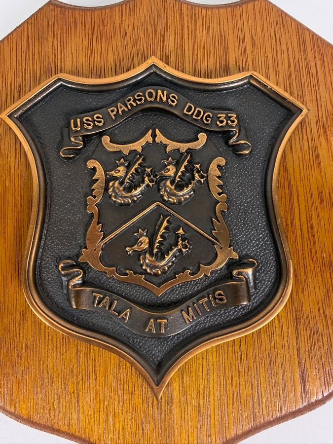 Pair Of Vintage Cold War USS Parsons DDG33 Guided Missile Destroyer Heraldic Shield Bronze Wall Plaques 10 X 12 [Photo 3]