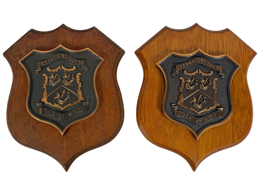 Pair Of Vintage Cold War USS Parsons DDG33 Guided Missile Destroyer Heraldic Shield Bronze Wall Plaques 10 X 12