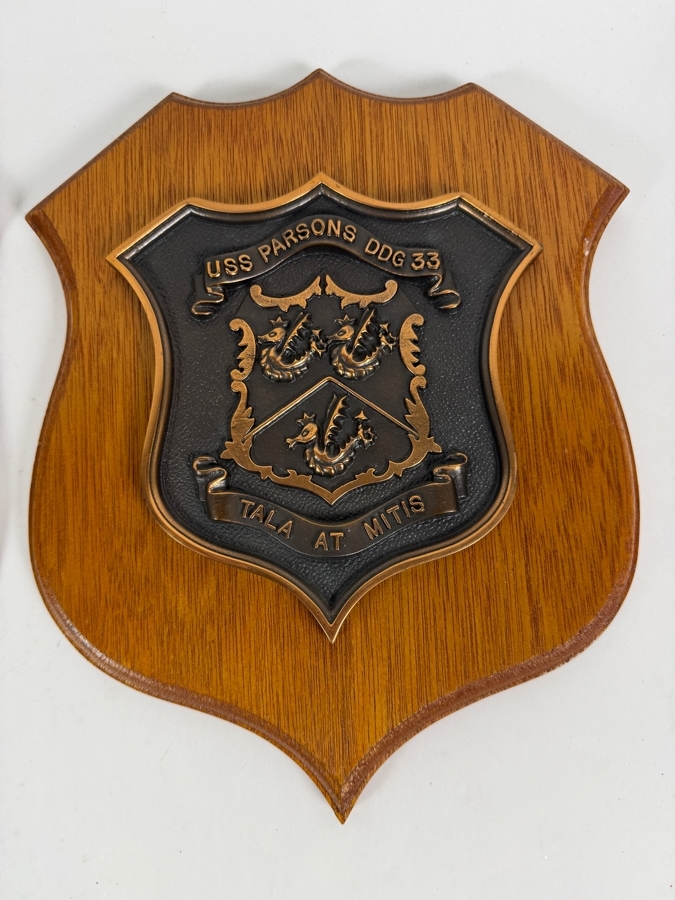 Pair Of Vintage Cold War USS Parsons DDG33 Guided Missile Destroyer Heraldic Shield Bronze Wall Plaques 10 X 12 [Photo 2]