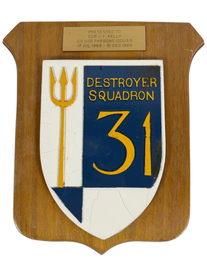 Vintage Destroyer Squadron 31 Presentation Plaque To USS Parsons Commanding Officer CDR J F Kelly Dated 1969 10 X 12