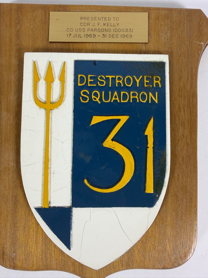 Vintage Destroyer Squadron 31 Presentation Plaque To USS Parsons Commanding Officer CDR J F Kelly Dated 1969 10 X 12 [Photo 2]