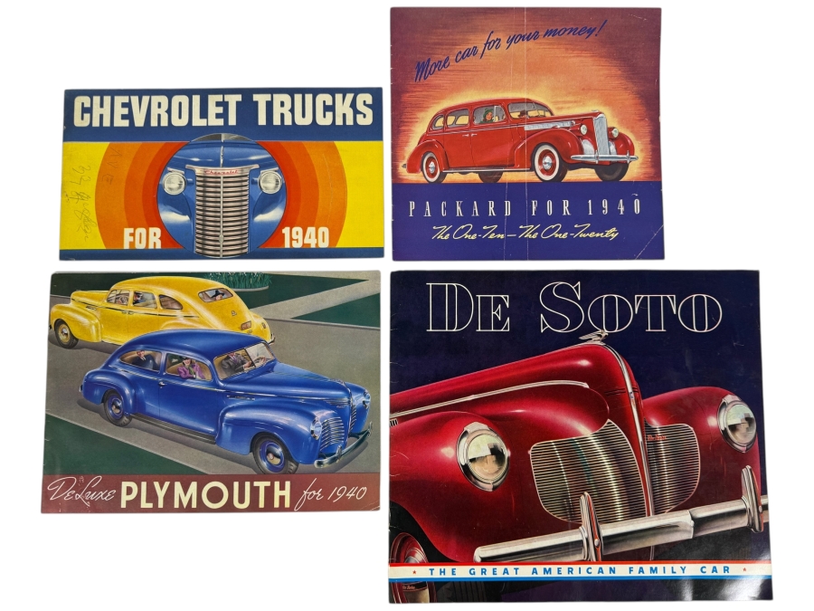 Collection Of Four Original Vintage 1940 Automotive Sales Brochures For Chevrolet Packard Plymouth And De Soto