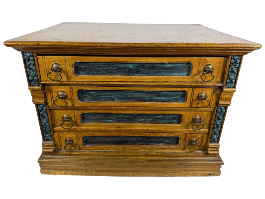 Vintage Carved Wooden Four Drawer Spool Cabinet Collector Chest 23'W X 17.5'D X 17.5'H