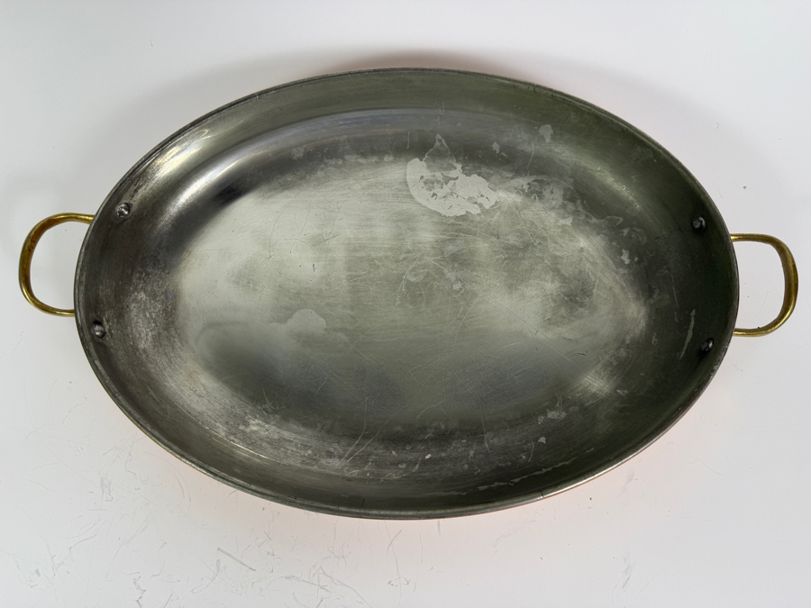Vintage Copral Portugal Copper Oval Au Gratin Pan With Cast Brass Handles 16'W [Photo 2]
