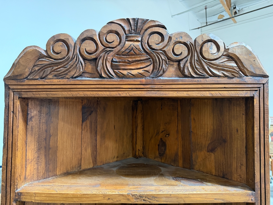 Vintage Spanish Colonial Revival Carved Pine Corner Cabinet Huchero Cupboard With Volute Pediment 35'W X 27'D X 79'H [Photo 3]