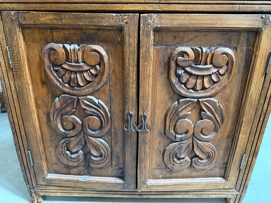 Vintage Spanish Colonial Revival Carved Pine Corner Cabinet Huchero Cupboard With Volute Pediment 35'W X 27'D X 79'H [Photo 2]