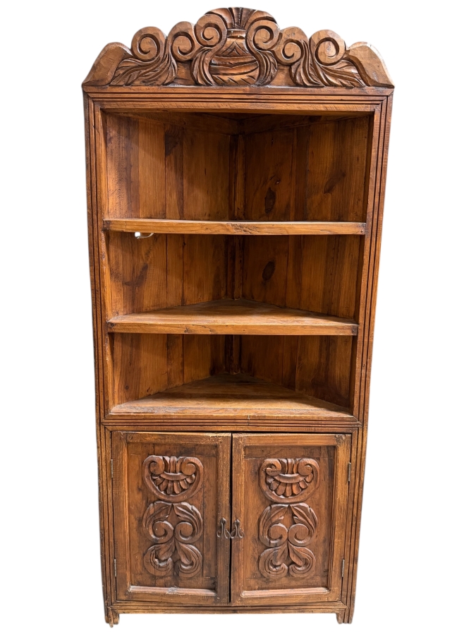 Vintage Spanish Colonial Revival Carved Pine Corner Cabinet Huchero Cupboard With Volute Pediment 35'W X 27'D X 79'H