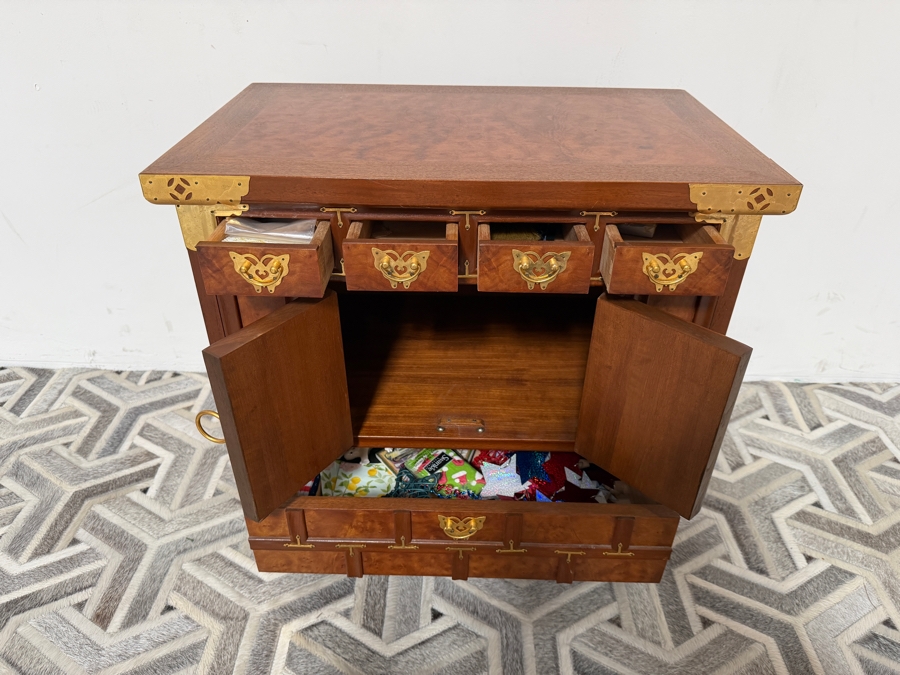 Vintage Korean Ash Burl And Zelkova Wood Chest Bandaji Cabinet With Butterfly Brass Mounts 24'W X 15'D X 24.5'H [Photo 4]