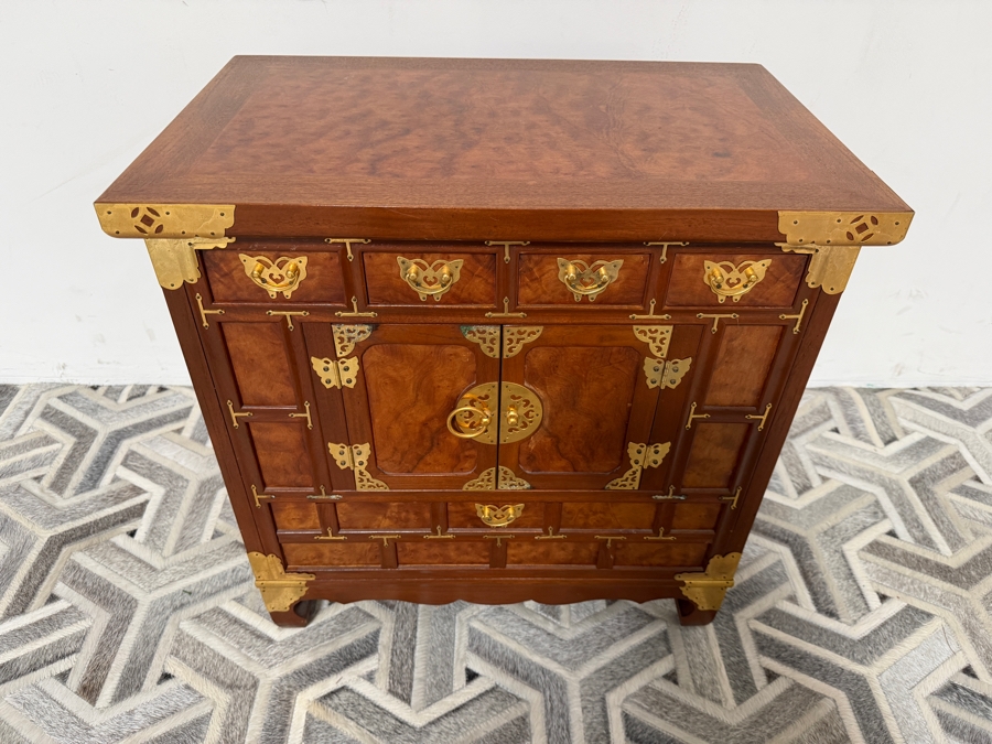 Vintage Korean Ash Burl And Zelkova Wood Chest Bandaji Cabinet With Butterfly Brass Mounts 24'W X 15'D X 24.5'H [Photo 3]