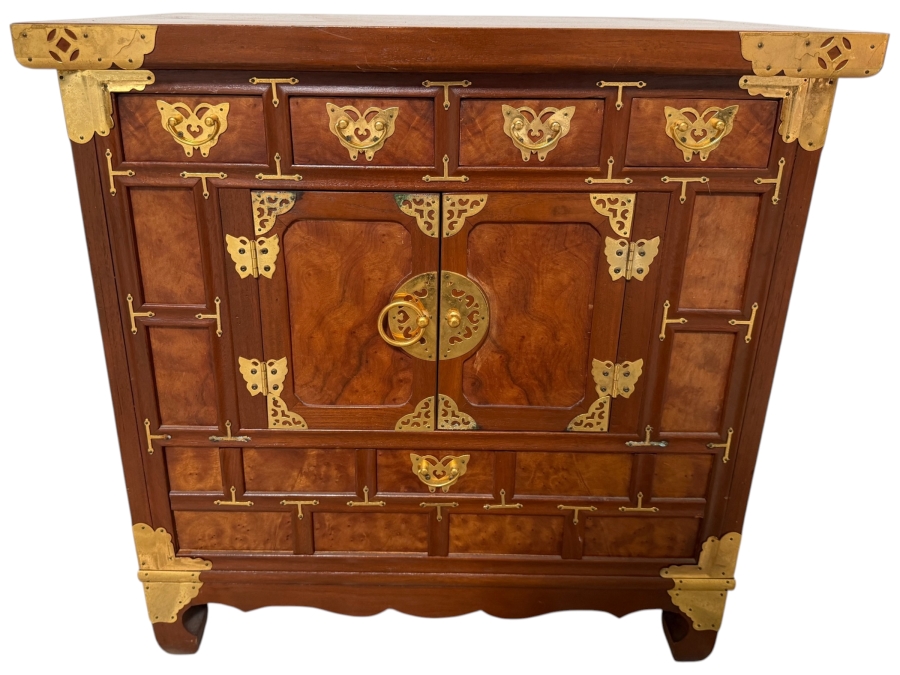 Vintage Korean Ash Burl And Zelkova Wood Chest Bandaji Cabinet With Butterfly Brass Mounts 24'W X 15'D X 24.5'H
