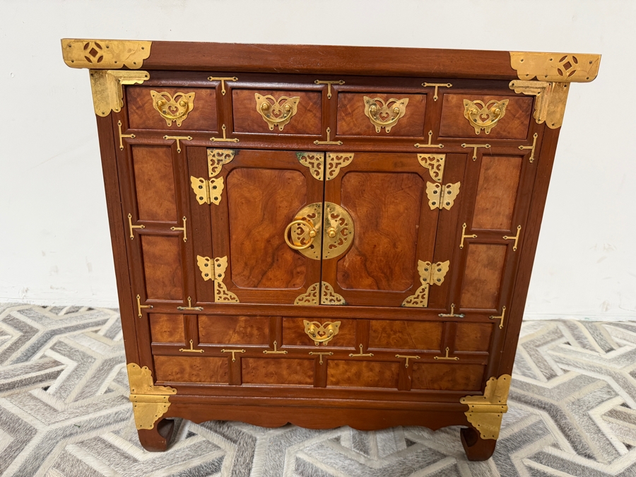 Vintage Korean Ash Burl And Zelkova Wood Chest Bandaji Cabinet With Butterfly Brass Mounts 24'W X 15'D X 24.5'H [Photo 2]