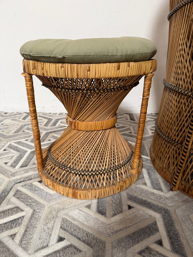 Vintage Boho Chic Woven Rattan Peacock Barrel Lounge Chair And Matching Hourglass Ottoman Set With Olive Green Cushions 24'W X 39'H [Photo 4]