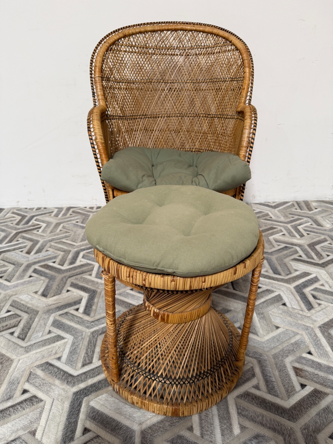 Vintage Boho Chic Woven Rattan Peacock Barrel Lounge Chair And Matching Hourglass Ottoman Set With Olive Green Cushions 24'W X 39'H [Photo 2]