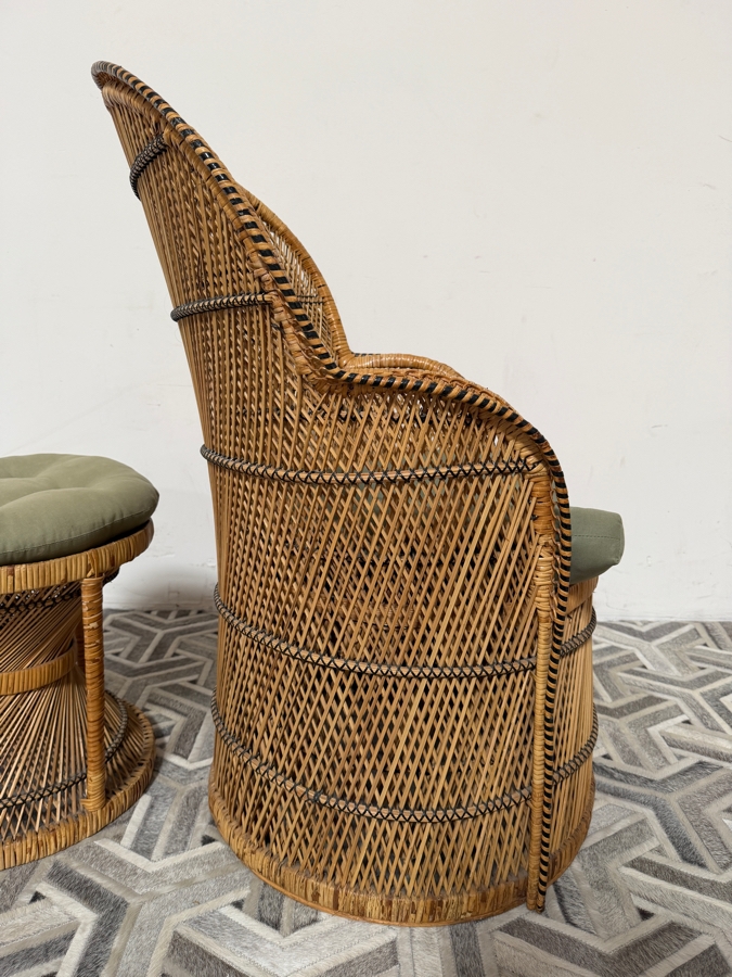 Vintage Boho Chic Woven Rattan Peacock Barrel Lounge Chair And Matching Hourglass Ottoman Set With Olive Green Cushions 24'W X 39'H [Photo 5]
