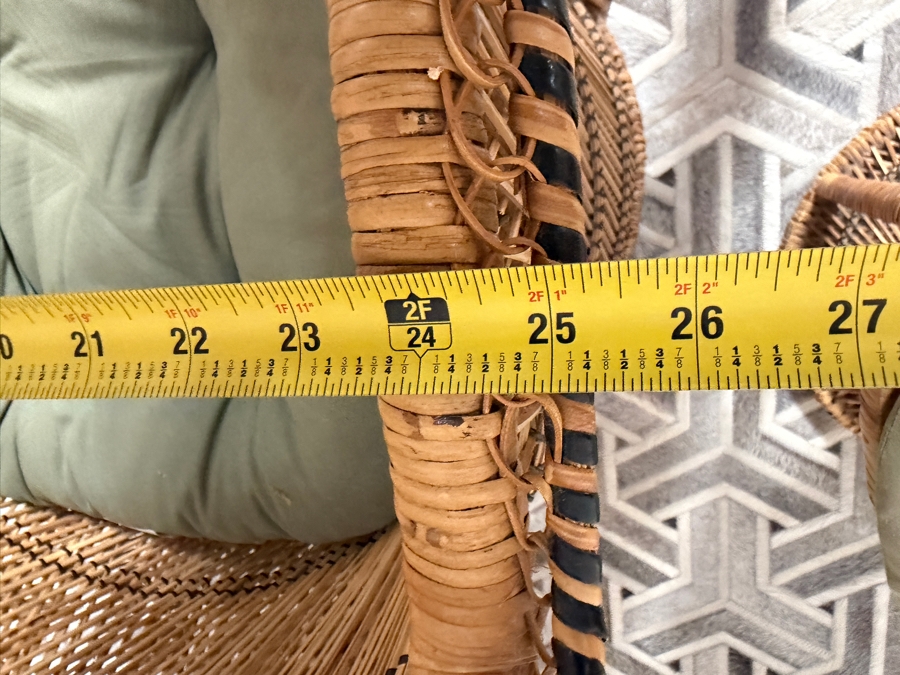 Vintage Boho Chic Woven Rattan Peacock Barrel Lounge Chair And Matching Hourglass Ottoman Set With Olive Green Cushions 24'W X 39'H [Photo 7]