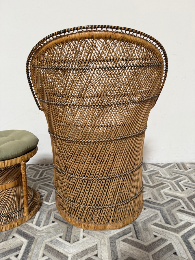 Vintage Boho Chic Woven Rattan Peacock Barrel Lounge Chair And Matching Hourglass Ottoman Set With Olive Green Cushions 24'W X 39'H [Photo 6]