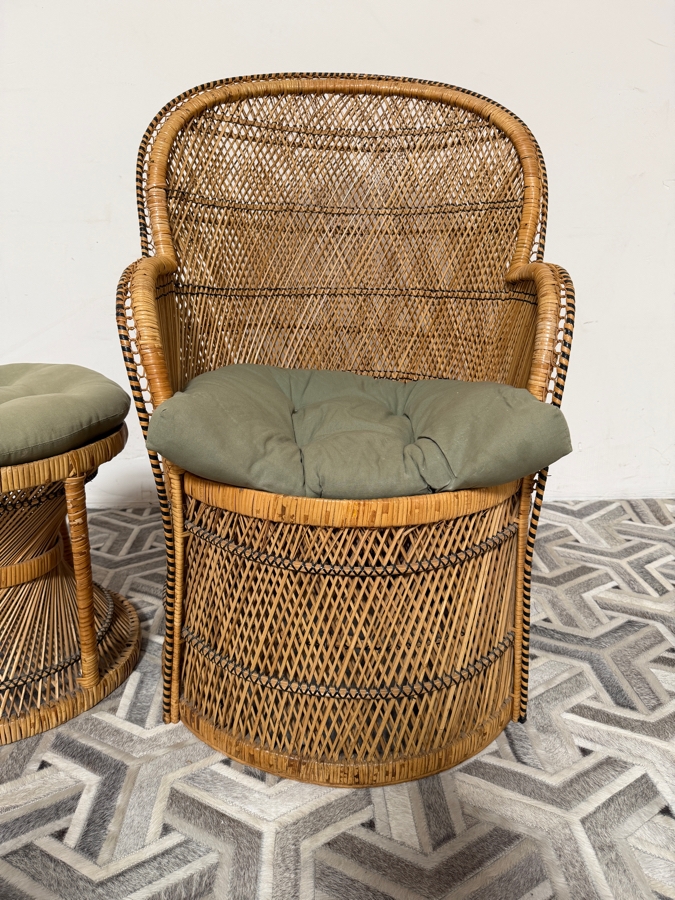 Vintage Boho Chic Woven Rattan Peacock Barrel Lounge Chair And Matching Hourglass Ottoman Set With Olive Green Cushions 24'W X 39'H [Photo 3]