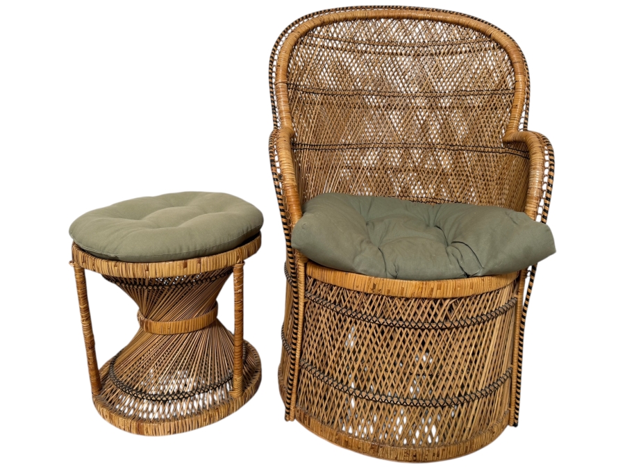 Vintage Boho Chic Woven Rattan Peacock Barrel Lounge Chair And Matching Hourglass Ottoman Set With Olive Green Cushions 24'W X 39'H