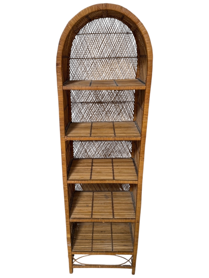 Vintage Boho Chic Woven Rattan And Wicker Arched Etagere Bookshelf With Cross Hatch Diamond Weave Panels 21'W X 14'D X 73'H